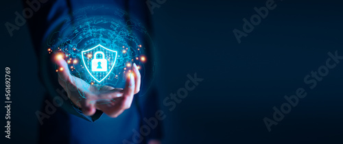 Businessman holding protection data shield icon. Secure Access System concept, Technology protection security antivirus concept.