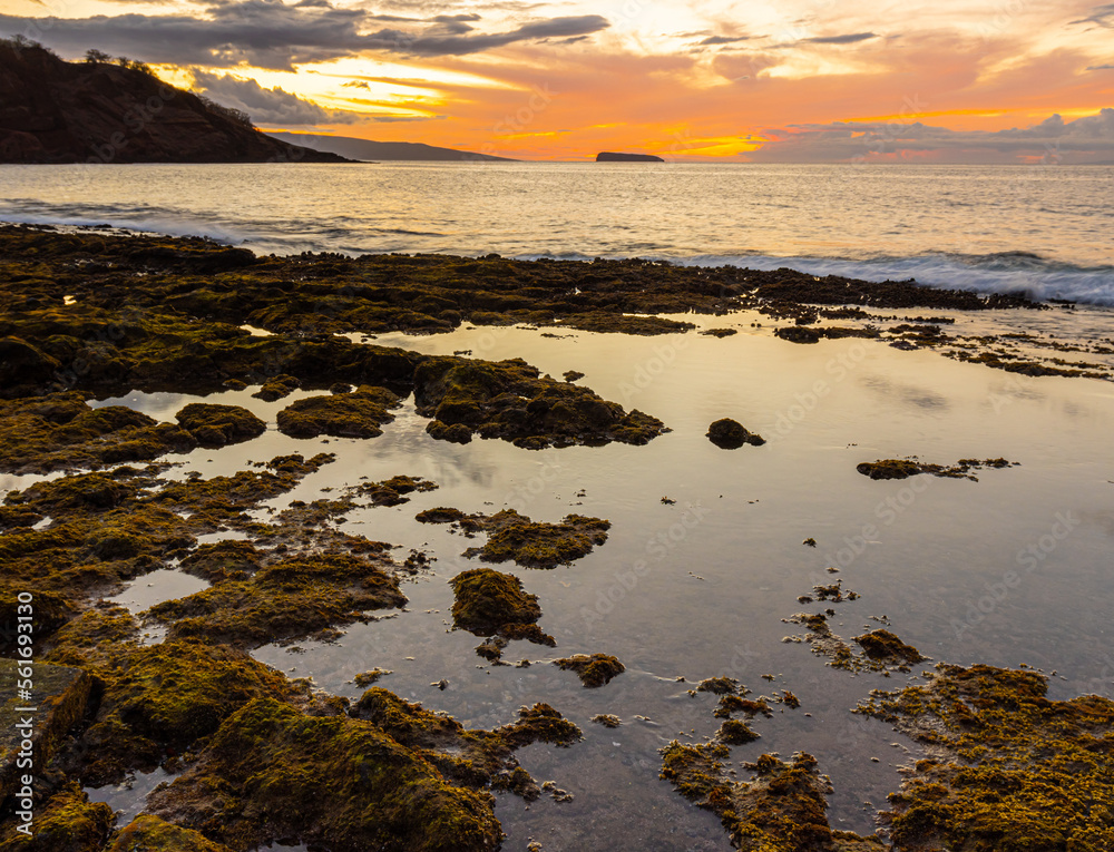 Evening Light on The Tide Pools Along Oneuli Beach , Makena State Park, Maui, Hawaii, USA
