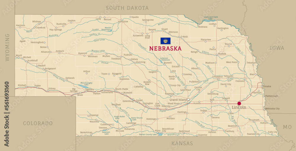 Road map of Nebraska, US American federal state. Editable highly detailed transportation map of Nebraska with highways and interstate roads, rivers and cities vector illustration