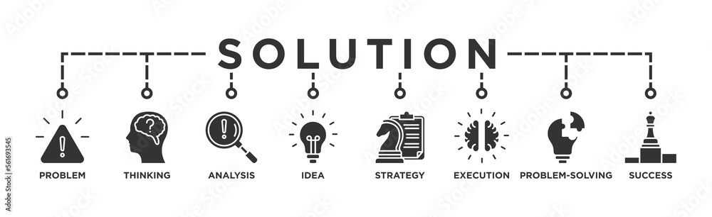 Solution banner web icon vector illustration concept with icons of problem, thinking, analysis, idea, strategy, execution, problem-solving, success Solution banner web icon vector illustration concept with icons of problem, thinking, analysis, idea, strategy, execution, problem-solving, success