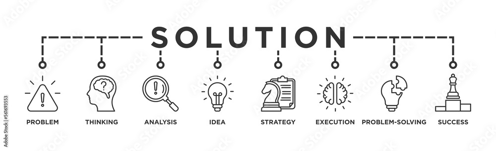 Solution banner web icon vector illustration concept with icons of problem, thinking, analysis, idea, strategy, execution, problem-solving, success Solution banner web icon vector illustration concept with icons of problem, thinking, analysis, idea, strategy, execution, problem-solving, success