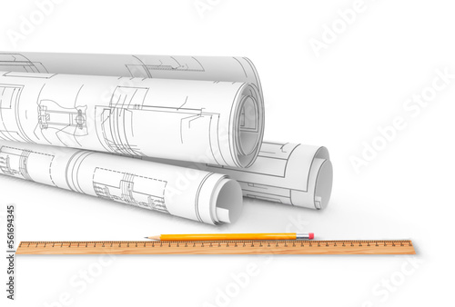 Pencil, ruler and scrolls of paper with blueprints on a white background. Vector illustration