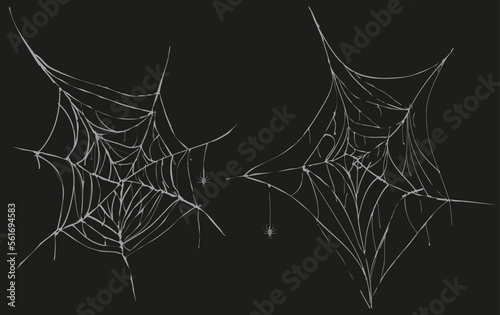 Cobweb collection isolated on black. Spider web for Halloween design. Spider web elements, spooky, scary, horror halloween decor. Hand drawn silhouette, vector illustration