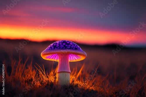 Glowing mushroom. Close up. Enchanted forest. Generative AI