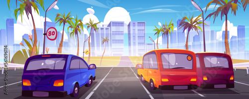 Cars on road in tropical summer city. Cartoon vector illustration of autos driving highway to town with modern architecture, palm trees along way under blue sky. Holiday or vacation trip to resort