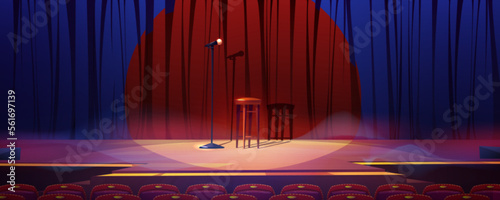 Empty stage ready for stand up show or concert. Cartoon vector illustration of scene with red curtains, microphone and wooden stool in light beam, audience seats in parterre. Comedy club performance