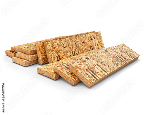 Fototapeta Naklejka Na Ścianę i Meble -  Wooden samples, pieces of OSB plate are composed and isolated on a white background, 3d illustration