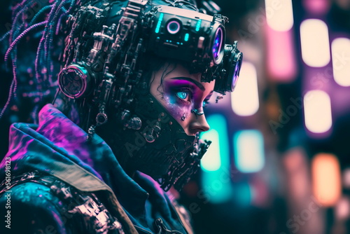 Cyberpunk style robot  use VR virtual reality  Metaverse Technology concept. Generative AI