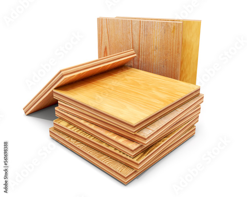 Small square pieces of different plywood samples are laid down on each other in a pile, isolated on white background, 3d illustration