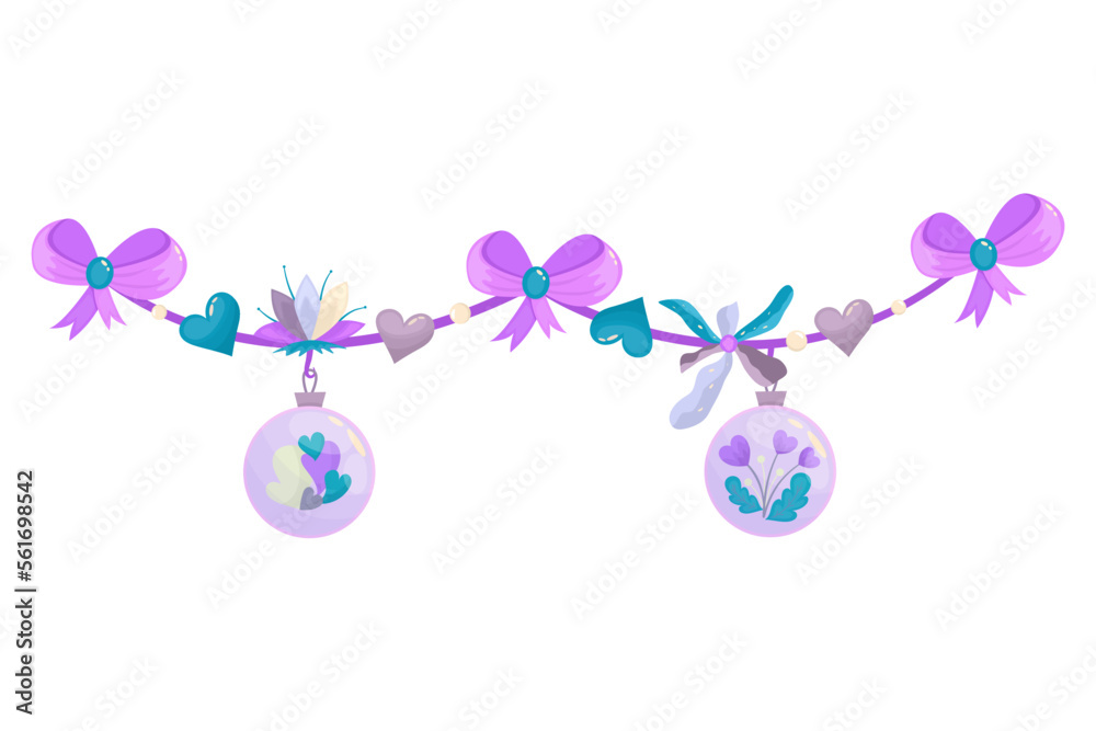 Fototapeta premium Valentines Day garland with heart and bow isolated. Cartoon vector illustration. Valentine party flags. February love day greeting card hearts garland. White background.