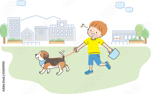 犬の散歩をしている男の子のイラスト