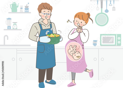 妊婦さんのために鍋料理をする夫