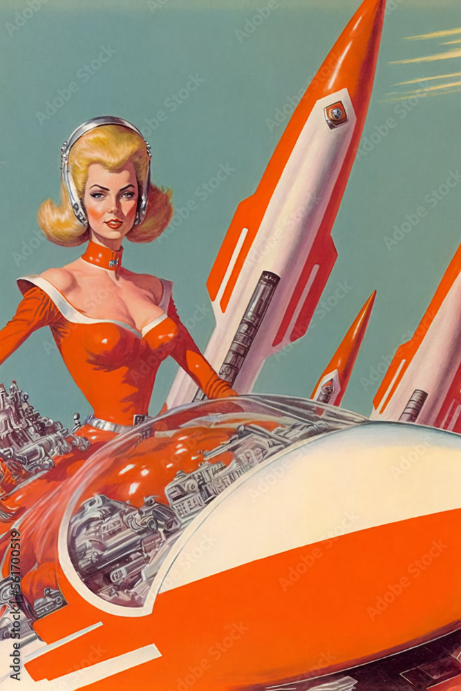 1950s 1960s retro atomic age illustration of beautiful blonde bombshell  woman, space, rockets, futurism, generative ai Stock Illustration