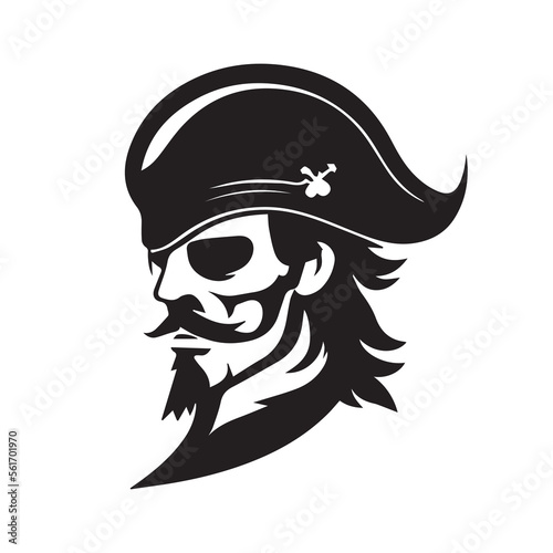 Pirate head minimal modern icon. Simple black and white vector illustration of angry captain. Ship commandant. Logo design for bar or alcohol. Rum business identity. Mascot for adventure or sport team