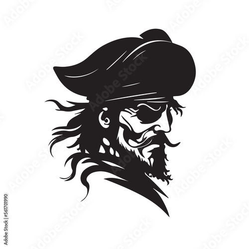 Pirate head minimal modern icon. Simple black and white vector illustration of angry captain. Ship commandant. Logo design for bar or alcohol. Rum business identity. Mascot for adventure or sport team