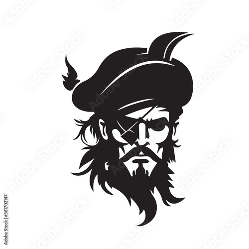 Pirate head minimal modern icon. Simple black and white vector illustration of angry captain. Ship commandant. Logo design for bar or alcohol. Rum business identity. Mascot for adventure or sport team