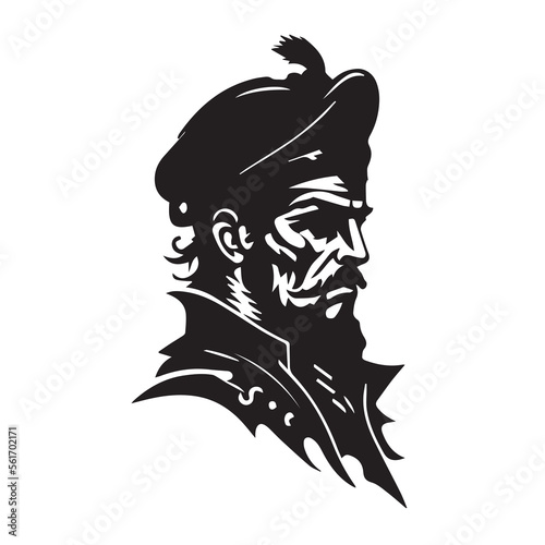 Pirate head minimal modern icon. Simple black and white vector illustration of angry captain. Ship commandant. Logo design for bar or alcohol. Rum business identity. Mascot for adventure or sport team