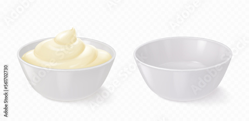 White bowl with mayonnaise, cheese sauce, yogurt or cream. Empty small round ceramic dish and homemade dip in porcelain container, vector realistic set isolated on transparent background