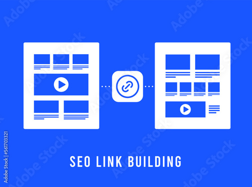 SEO Link Building concept. Search Engine Optimization Backlinks - digital marketing illustration with website page and external outreach seo links icons