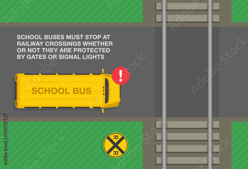 Safety driving tips and rules. School buses must stop at railway crossings. Top view of a yellow school bus stopped at level crossing. Flat vector illustration template.