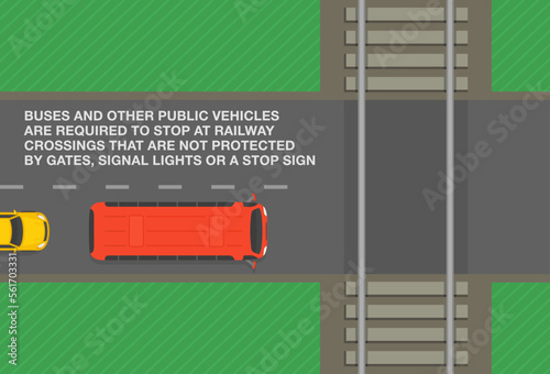 Safety driving tips and rules. Buses and other public vehicles are required to stop at railway crossings. Top view of a bus stopped at level crossing. Flat vector illustration template.