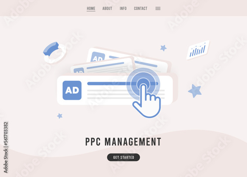 PPC Management - Pay per Click digital marketing concept. Managing PPC advertising strategy. Flat design vector e-commerce landing page template.