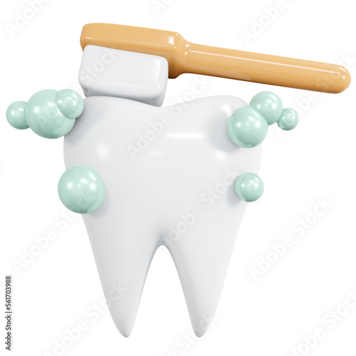 3D Rendering brushing tooth icon cartoon style isolated on white. 3D Render illustration.