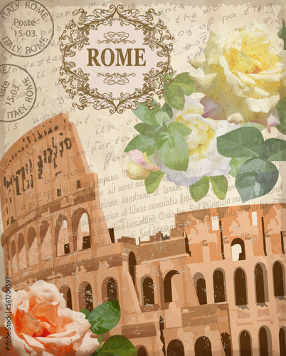 Vintage postcard Rome with Coliseum and roses.