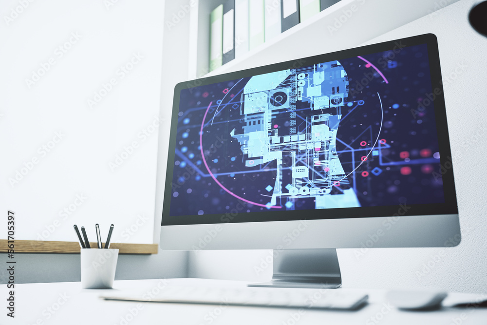 Modern computer monitor with creative artificial Intelligence symbol. Neural networks and machine learning concept. 3D Rendering Modern computer monitor with creative artificial Intelligence symbol. Neural networks and machine learning concept. 3D Rendering