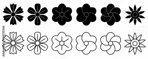 outline silhouette flower icon set isolated on white background