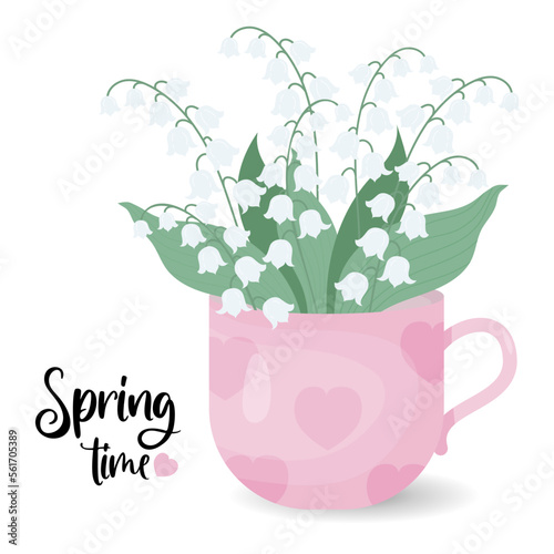 Bouquet spring flowers of lilies of the valley in cup. Spring time poster. Vector illustration for design, postcards, decor and decoration, print.