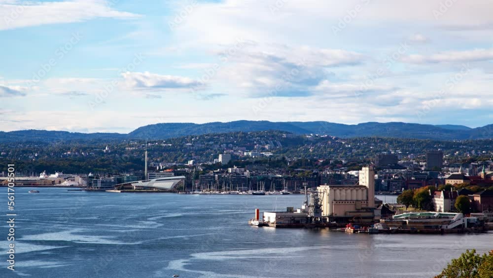 Timelapse panorama of Oslo city bay in daytime fine weather Timelapse panorama of Oslo city bay in daytime fine weather