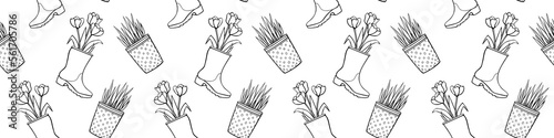 Vector seamless pattern of flower pots with decorative grass, plant, tulips in rubber rain boots. Cute spring summer texture in cartoon doodle style, isolated. Home, garden decoration theme