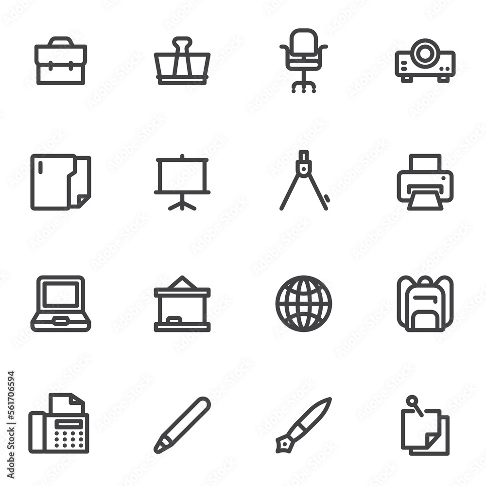Office supplies line icons set Office supplies line icons set