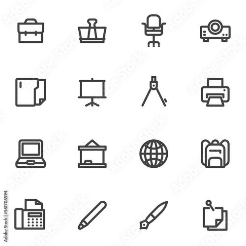 Office supplies line icons set