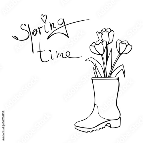 Vector outline spring tulip flowers in rubber rain boots. Springtime - handwritten inscription. Cute seasonal spring floral illustration, poster in doodle style