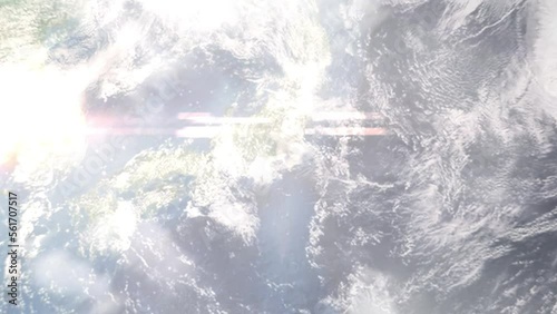 Earth zoom in from outer space to city. Zooming on Ebina, Kanagawa, Japan. The animation continues by zoom out through clouds and atmosphere into space. Images from NASA photo