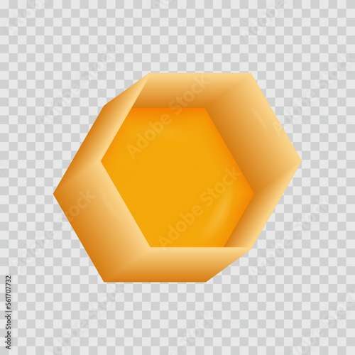 One honeycomb icon 3d. Hexagonal cell with honey. Yellow geometric shape on a transparent background, close-up. A sticky liquid of honey inside a wax cell. Beekeeping concept. Vector illustration.