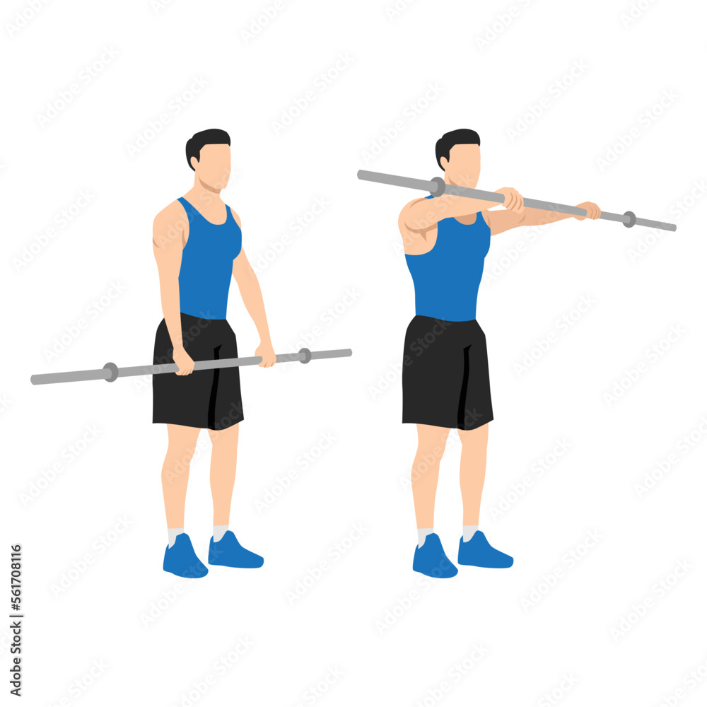 Man doing barbell front raises exercise. Flat vector illustration isolated on white background