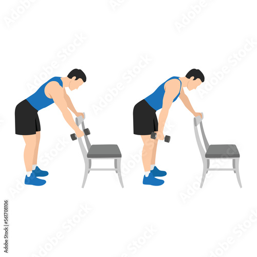 Man doing bent over dumbbell shoulder pendulums or swings exercise. Flat vector illustration isolated on white background