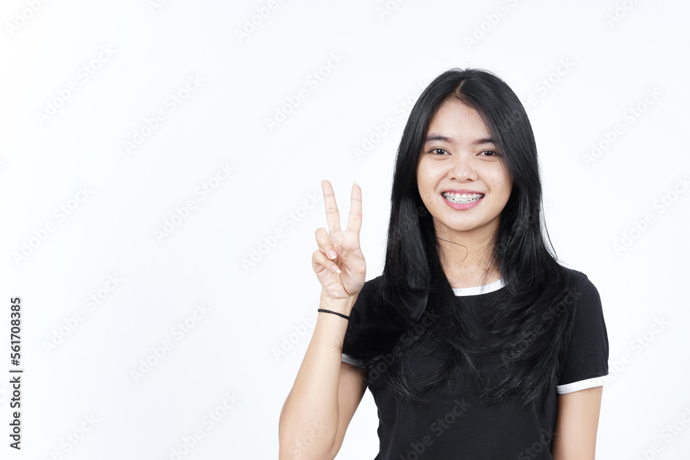 Showing Peace Sign or Finger V Sign Of Beautiful Asian Woman Isolated On White Background Showing Peace Sign or Finger V Sign Of Beautiful Asian Woman Isolated On White Background