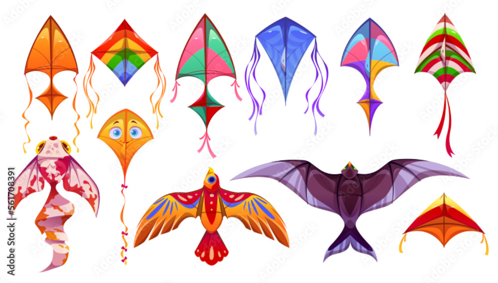 Cartoon set of colorful kites isolated on white background. Vector