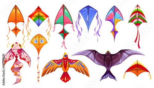 Cartoon set of colorful kites isolated on white background. Vector illustration of flying paper toys in shape of bird, fish, square, triangle and rhombus for childrens game, summer outdoor activities