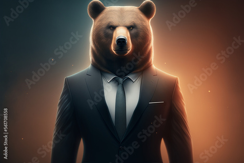 Portrait of a bear in a stylish business suit. Generative AI. Businessman bear illustration.  photo