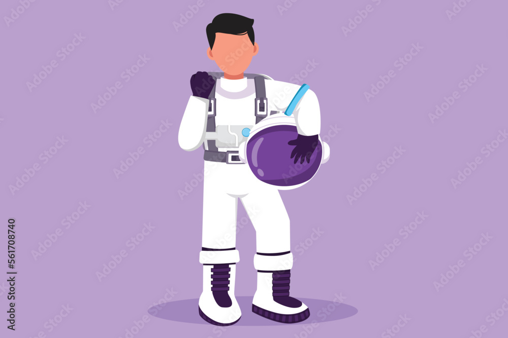 Cartoon flat style drawing astronaut standing with celebrate gesture wear spacesuit exploring earth, moon, other planet in universe. Spaceman start space expedition. Graphic design vector illustration