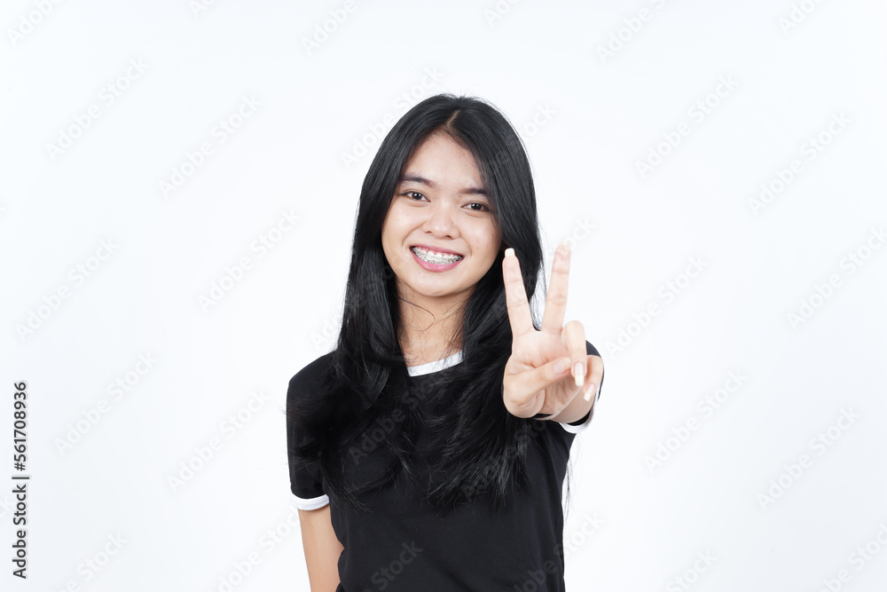 Showing Peace Sign or Finger V Sign Of Beautiful Asian Woman Isolated On White Background Showing Peace Sign or Finger V Sign Of Beautiful Asian Woman Isolated On White Background
