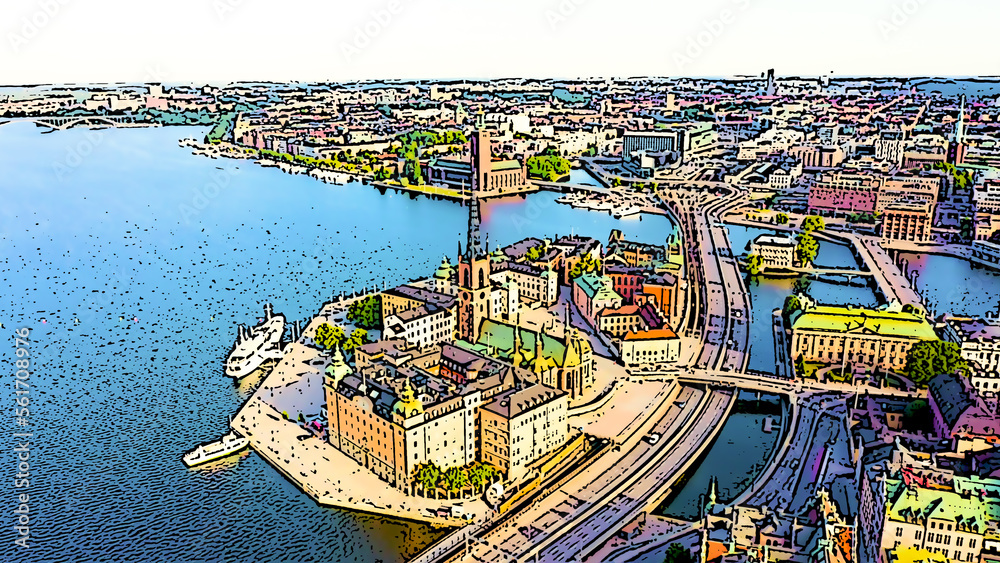 Stockholm, Sweden. Old Town. Riddarholmen. Bright cartoon style illustration. Aerial view