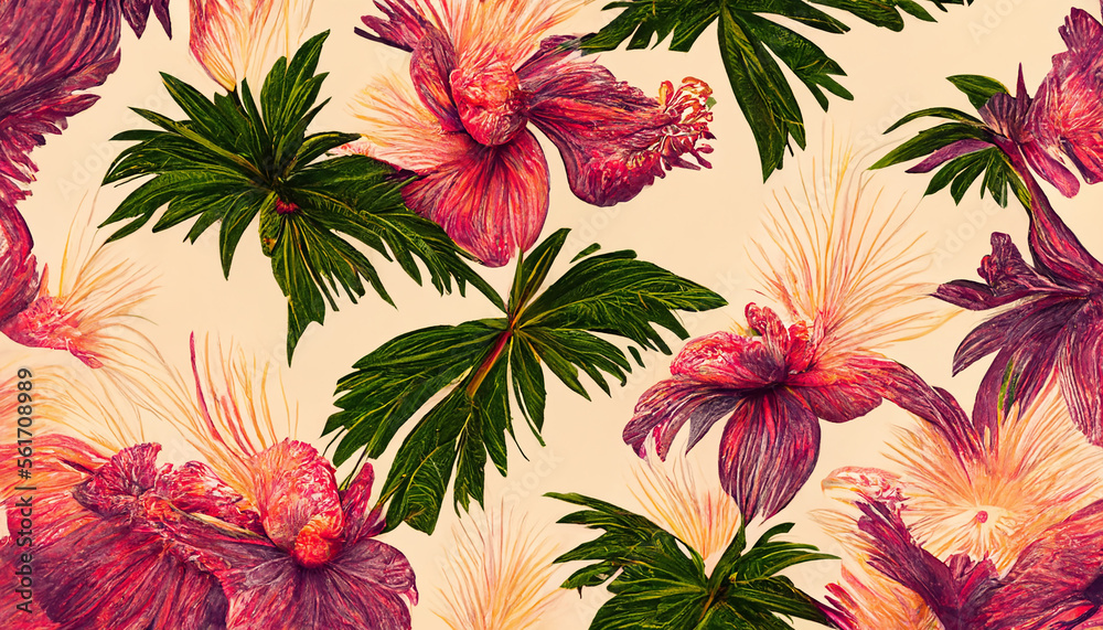 Hawaiian Hibiscus flowers and palm trees Hawaiian Hibiscus flowers and palm trees