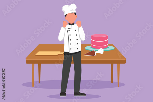 Cartoon flat style drawing happy chef standing with celebrate gesture and cooking uniform prepare ingredient to cook best dishes. Male chef with sweet cake on table. Graphic design vector illustration