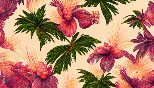 Hawaiian Hibiscus flowers and palm trees